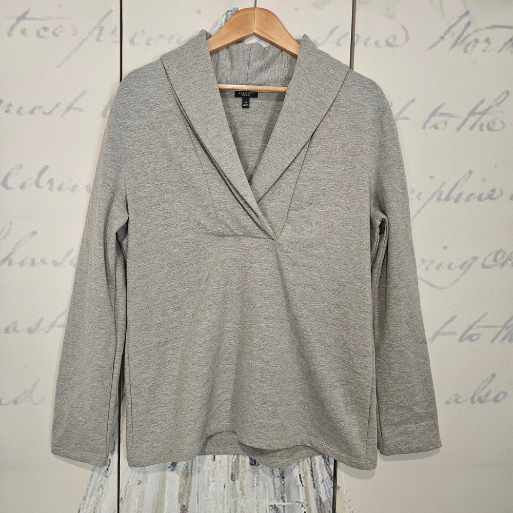 Talbots Gray Pullover V Neck Shawl Collar‎ Sweater Top XL
